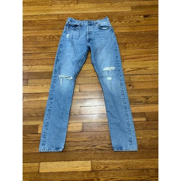 Levi's Womens 501S Skinny Jeans Sz 29 (29x32) Blue Distressed Denim Button Fly - Picture 1 of 9